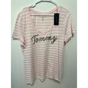 Tommy Hilfiger Women's Relaxed Fit Pink Stripe Logo T-Shirt Size M New‎